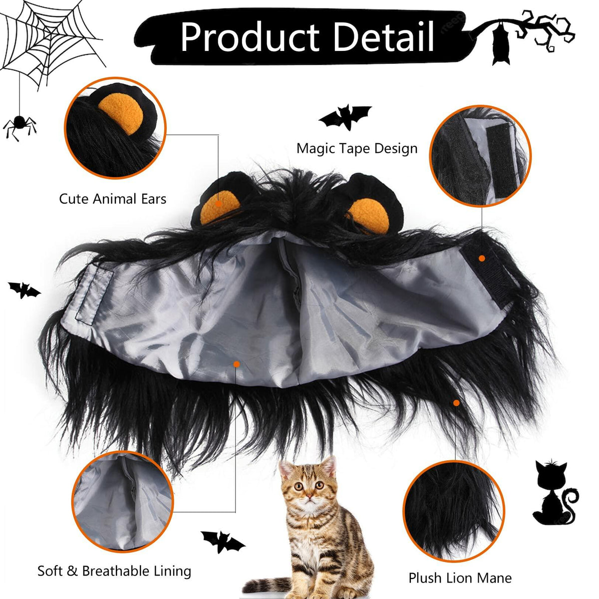 ITESSY Cat Halloween Costume Black Lion Mane Wig Hat Size S