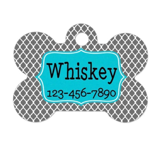 Quatrefoil Dog Name Tag - Dog Collar Name Tag - Turquoise